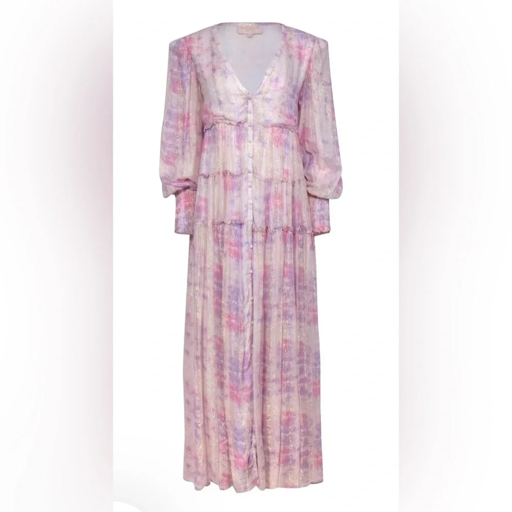 Rococo Sand Etre Metallic Maxi Dress Pink Resort Long Sleeve Womens Size Small
